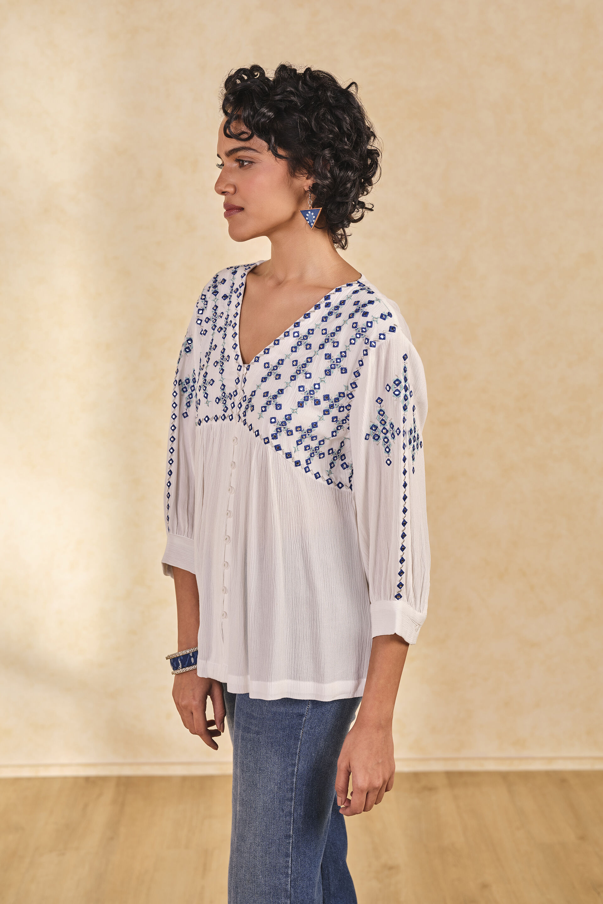 Embroidered White Top with Puff Sleeves, White, image 3